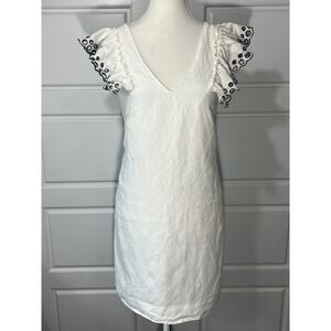 J. Crew Collection White Eyelet Ruffle Sleeve Dress‎ Size 4 V Neck Linen Blend